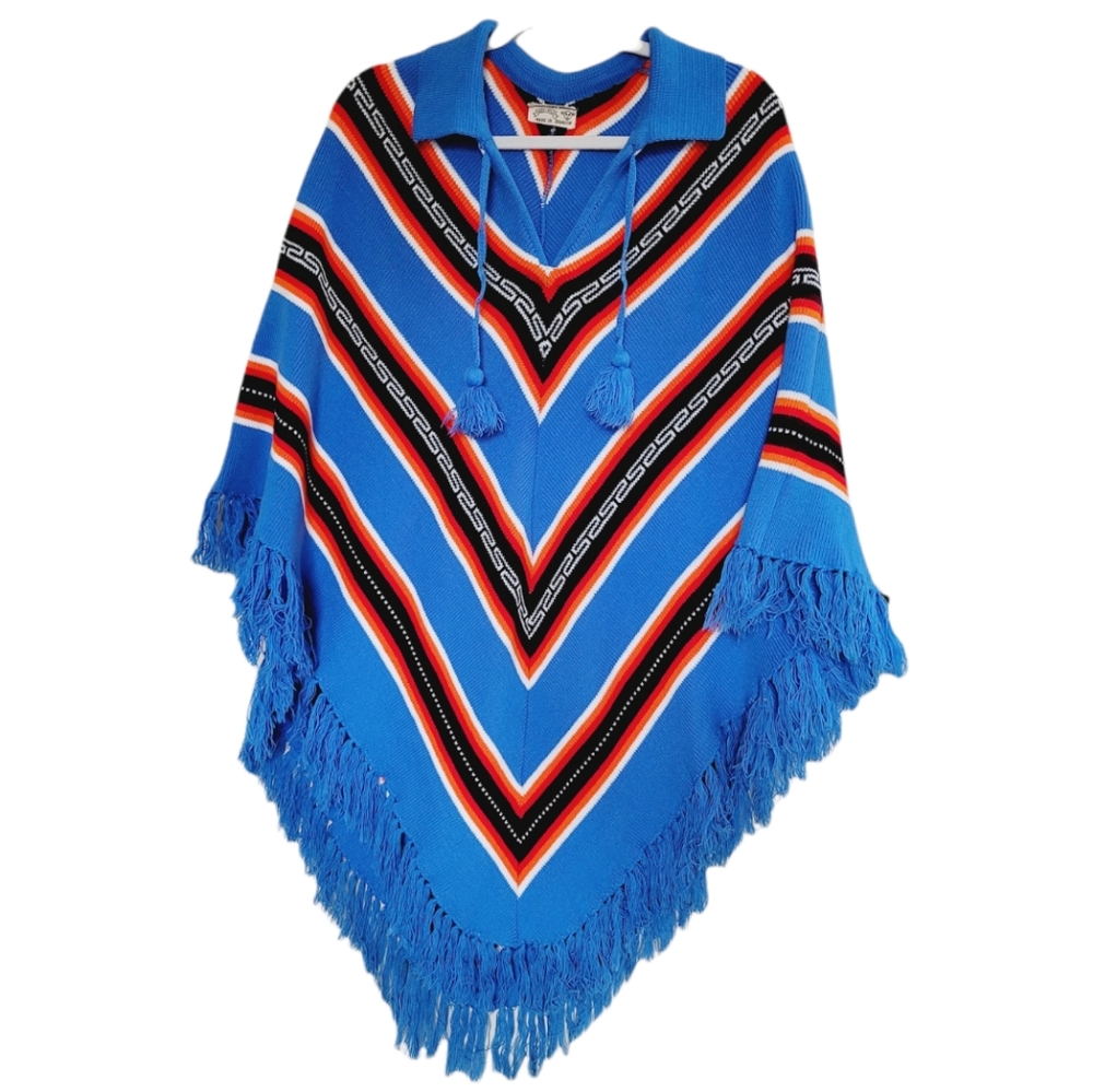 Vintage Tribal Western Printed Fringe Knit Collared Poncho